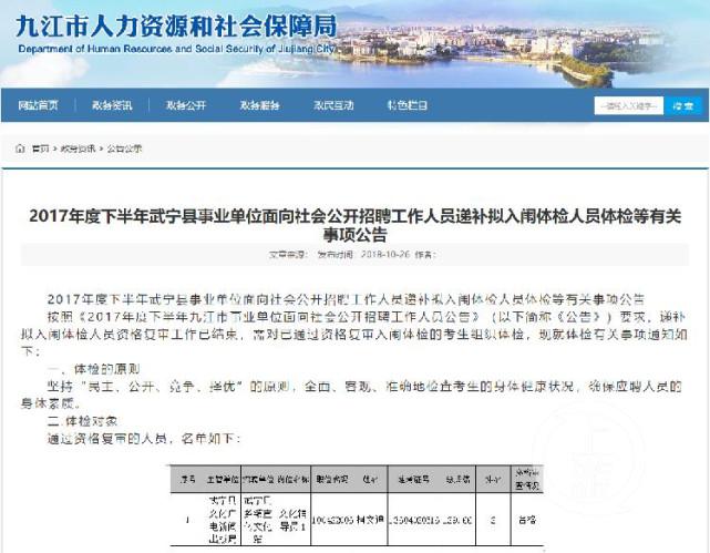 九江事業(yè)單位招考總分第1名無(wú)緣體檢:被第二名舉報(bào)出局